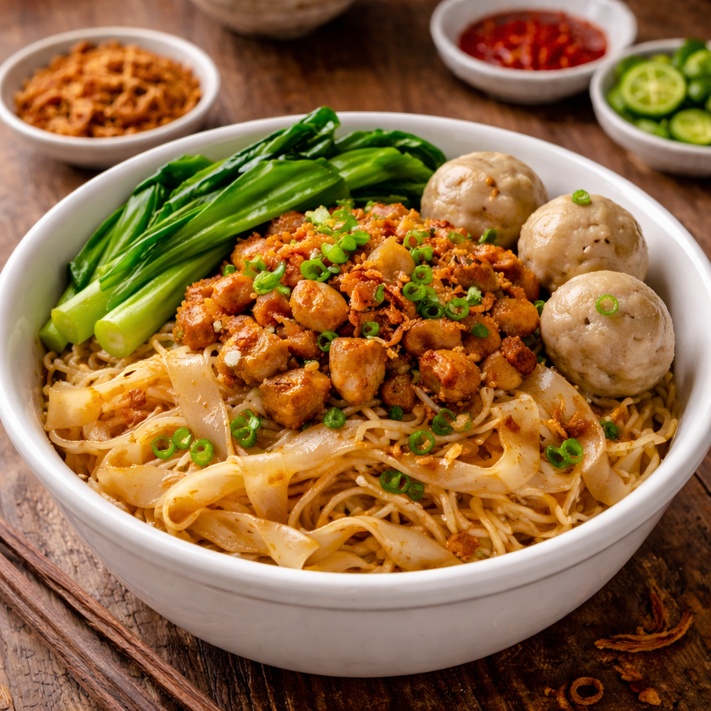 Kwetiaw Ayam Bakso dengan bakso kenyal dan kuah gurih